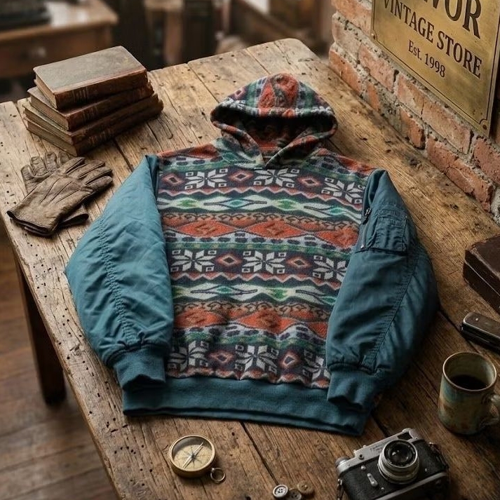 Reworked Vintage Hoodie Winter Aztec Mix Bomber Arms