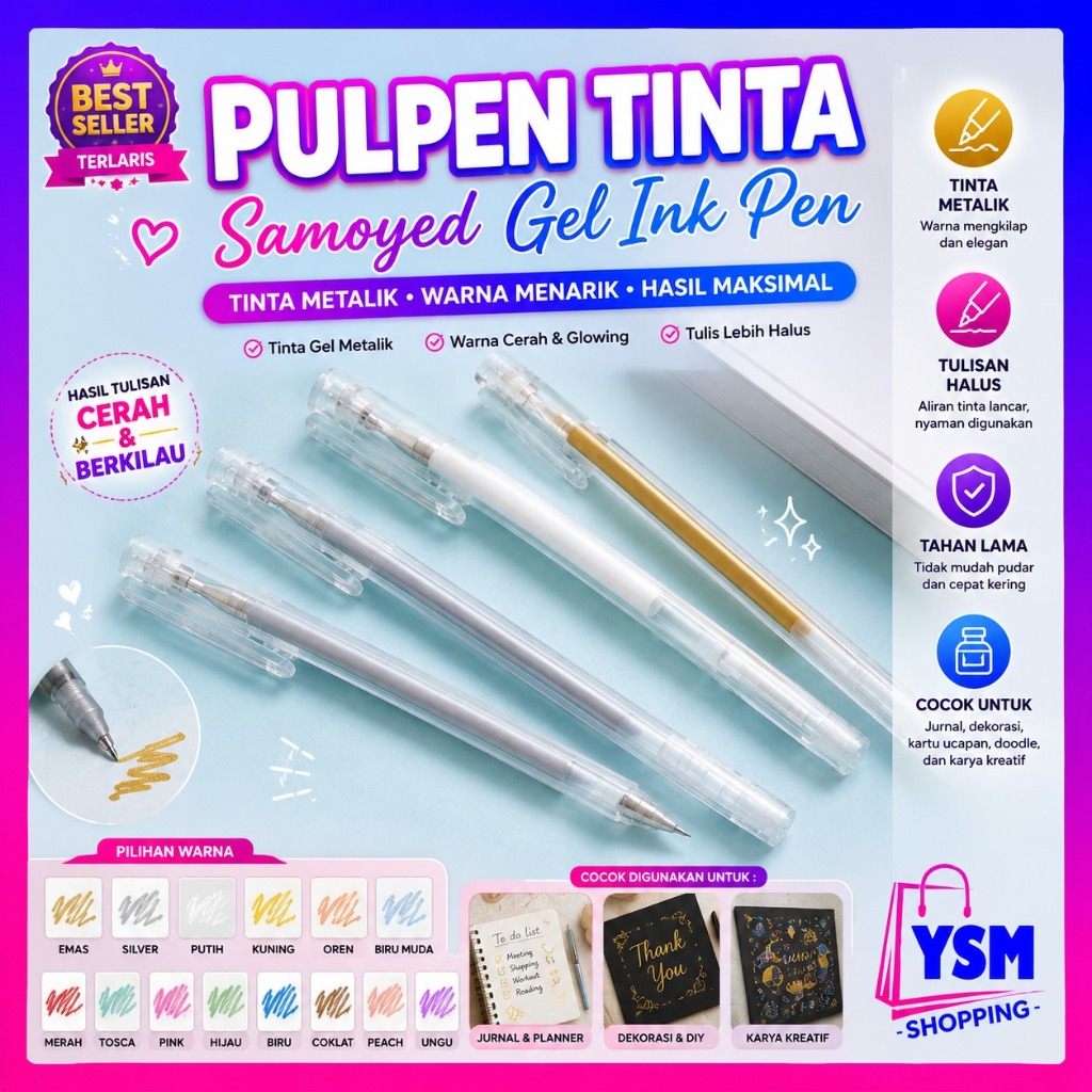 YSM Pulpen Tinta Samoyed Pulpen Tinta Warna Putih/Emas/Silver Gel Ink Pen Metalic Pen