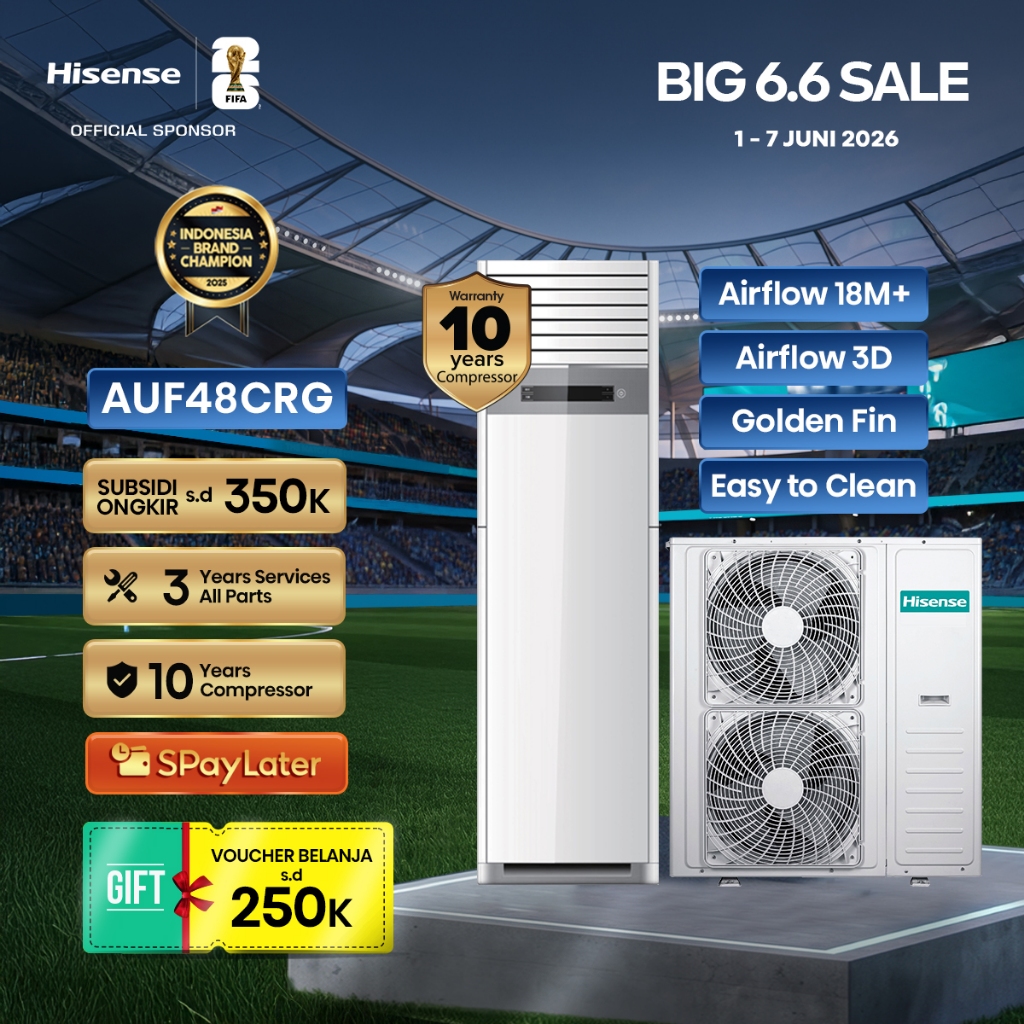 Hisense AC AUF48CRG Inverter 5 PK Floor Standing Air Flow Jarak Hingga 18M Lebih Pendinginan 4D Ruan