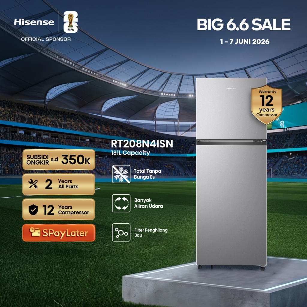 Hisense Kulkas RT208N4ISN Refrigerator 2 Pintu Kapasitas 181L Warna Silver Tanpa Bunga Es Sirkulasi 