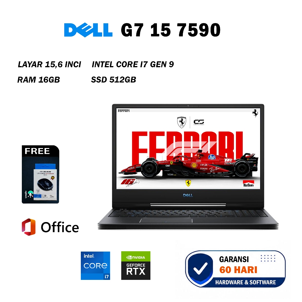 Laptop Gaming DELL G7 15 7590 Core i7 Gen 9 NVIDIA RTX 2070 RAM 16GB SSD 512GB