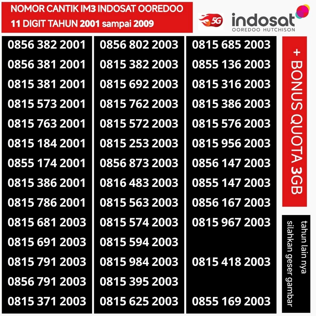 seri tahun im3 Indosat Ooredoo  2001 2003 2004 2005 nomor cantik 11 digit nomer kartu perdana 4G 5G 