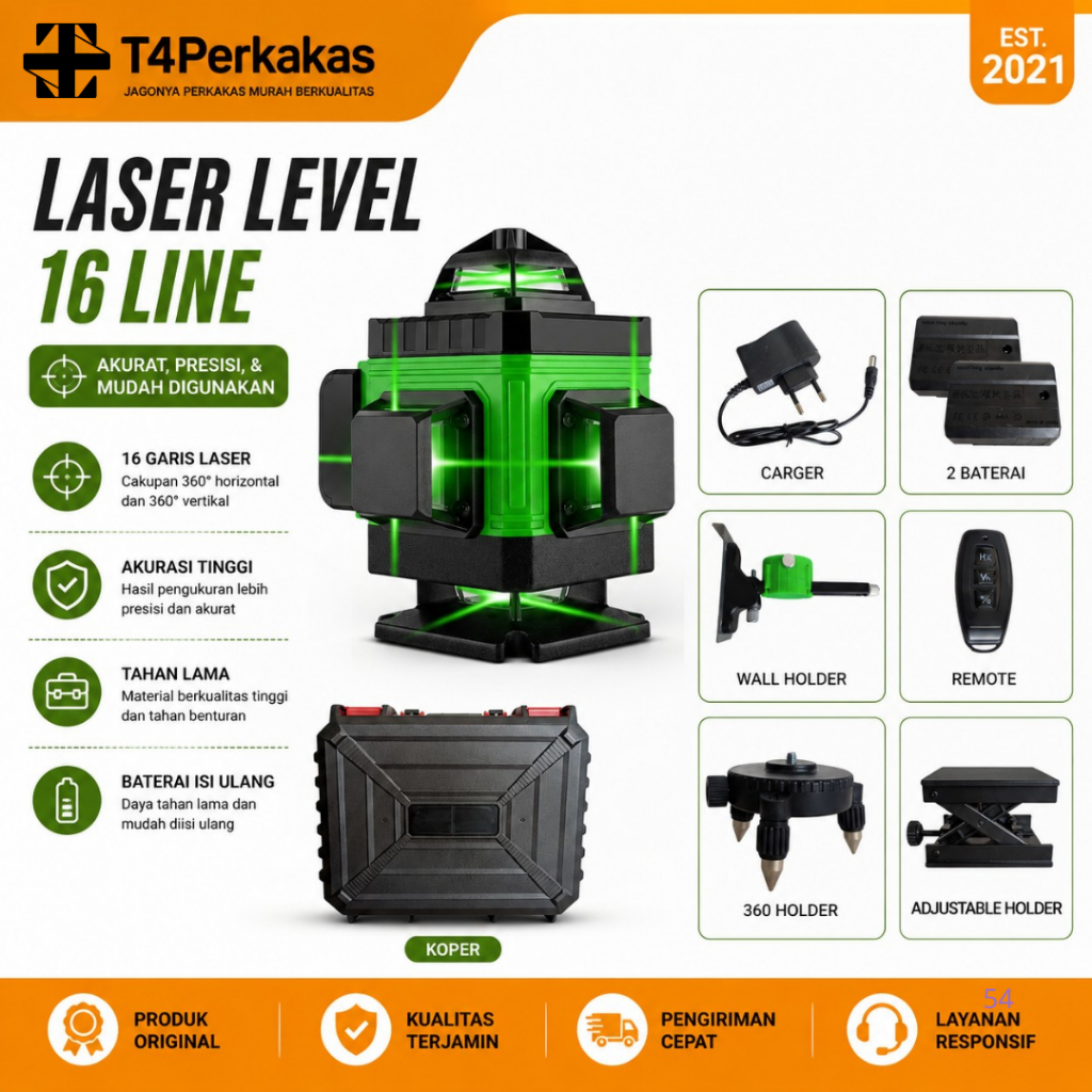BOOS Laser Level 16 Line 6D Laser leveling self portable 2 baterai lengkap