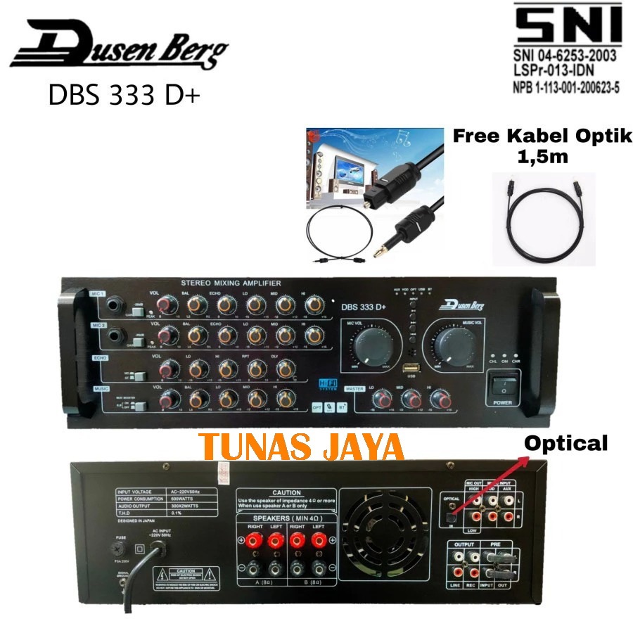 AMPLIFIER DUSENBERG DBS 333 D+ DBS 333D+ INPUT OPTICAL BISA KONEK KE SMART TV YOUTUBE LANGSUNG OPTIC
