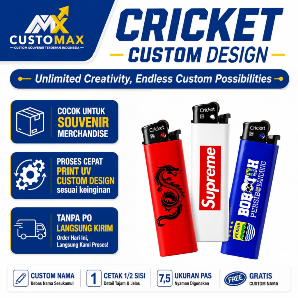 Cricket Ori Custom Design / Korek Api Cricket Original / Cetak Print UV