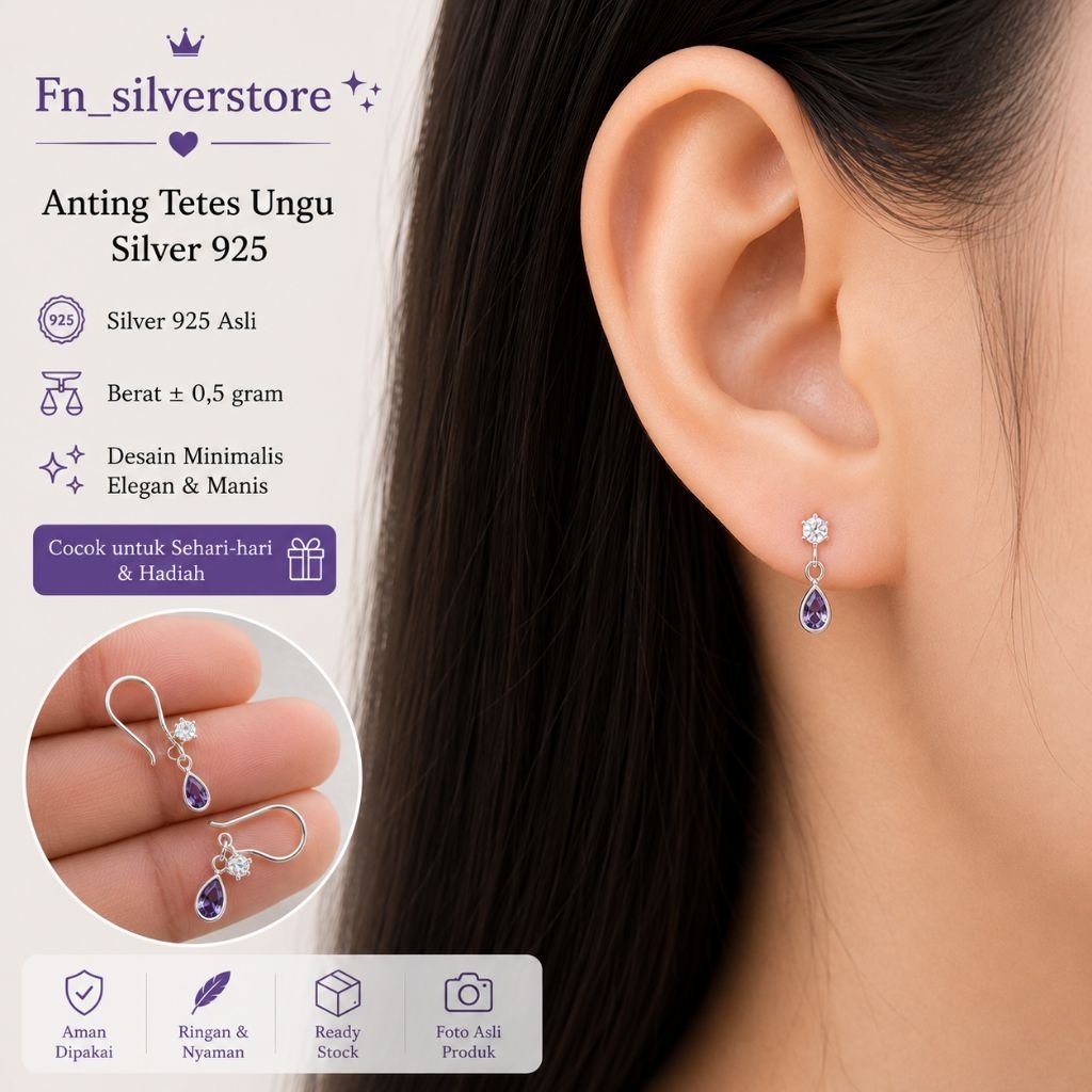 Anting Tetes Ungu Silver 925 Asli Wanita | Anting Gantung Mini Zircon Ungu | Anting Elegan Minimalis