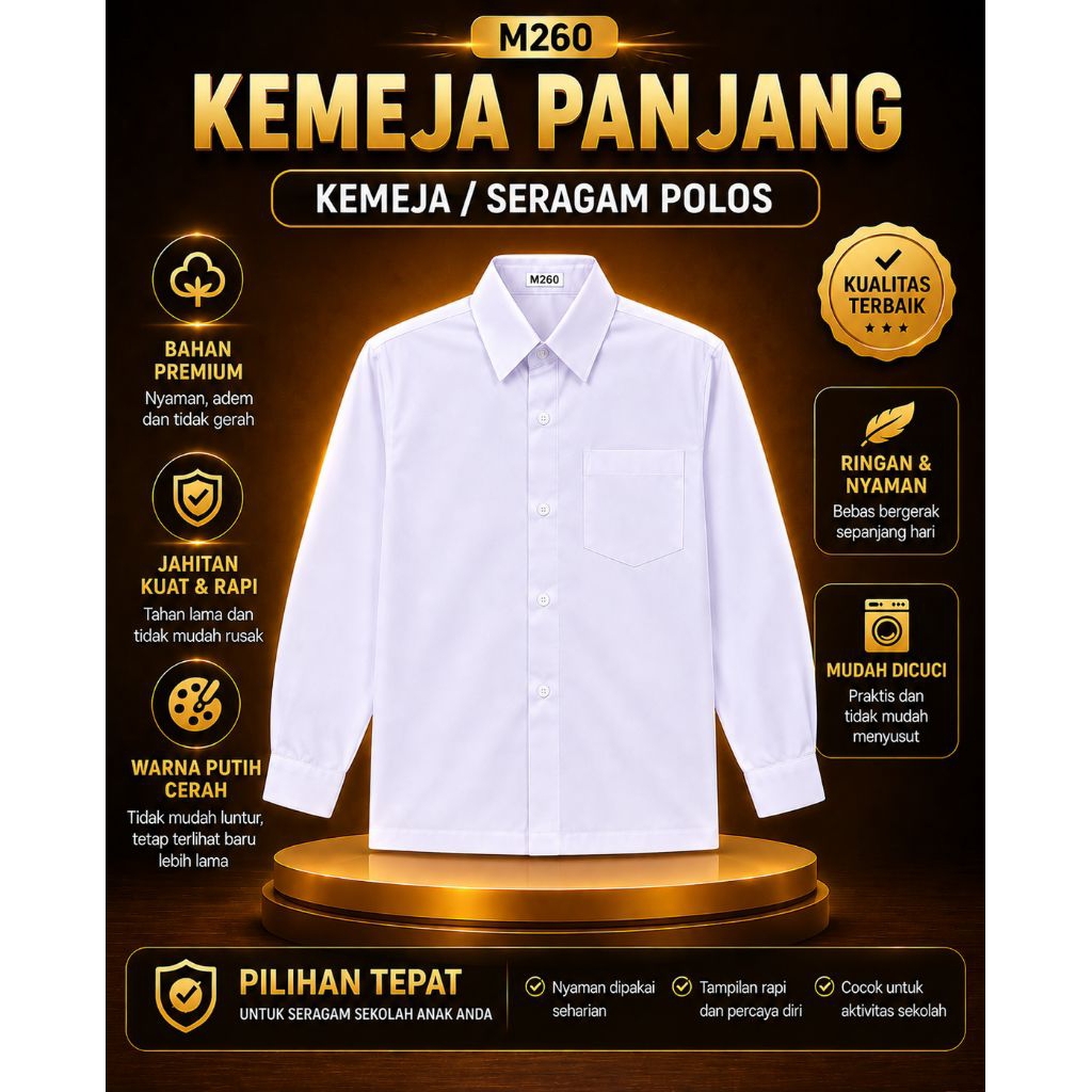 M260| Kemeja Seragam Sekolah / Kemeja  Putih Lengan Panjang POLOS – Seragam Sekolah Berkualitas, Nya
