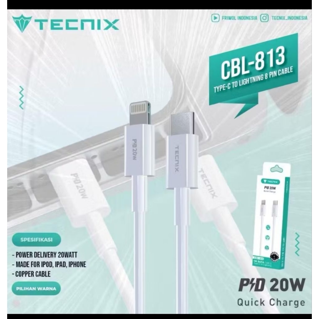 TECNIX Kabel Data CBL-812 60W/CBL-812 100W Type-C To Type-C/CBL-813 Type-C to Lightning PD 20W 1M Fa