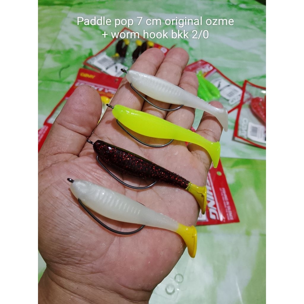 Paddle pop 7 cm original ozme + worm hook bkk 2/0 umpan casting gabus toman siap pakai