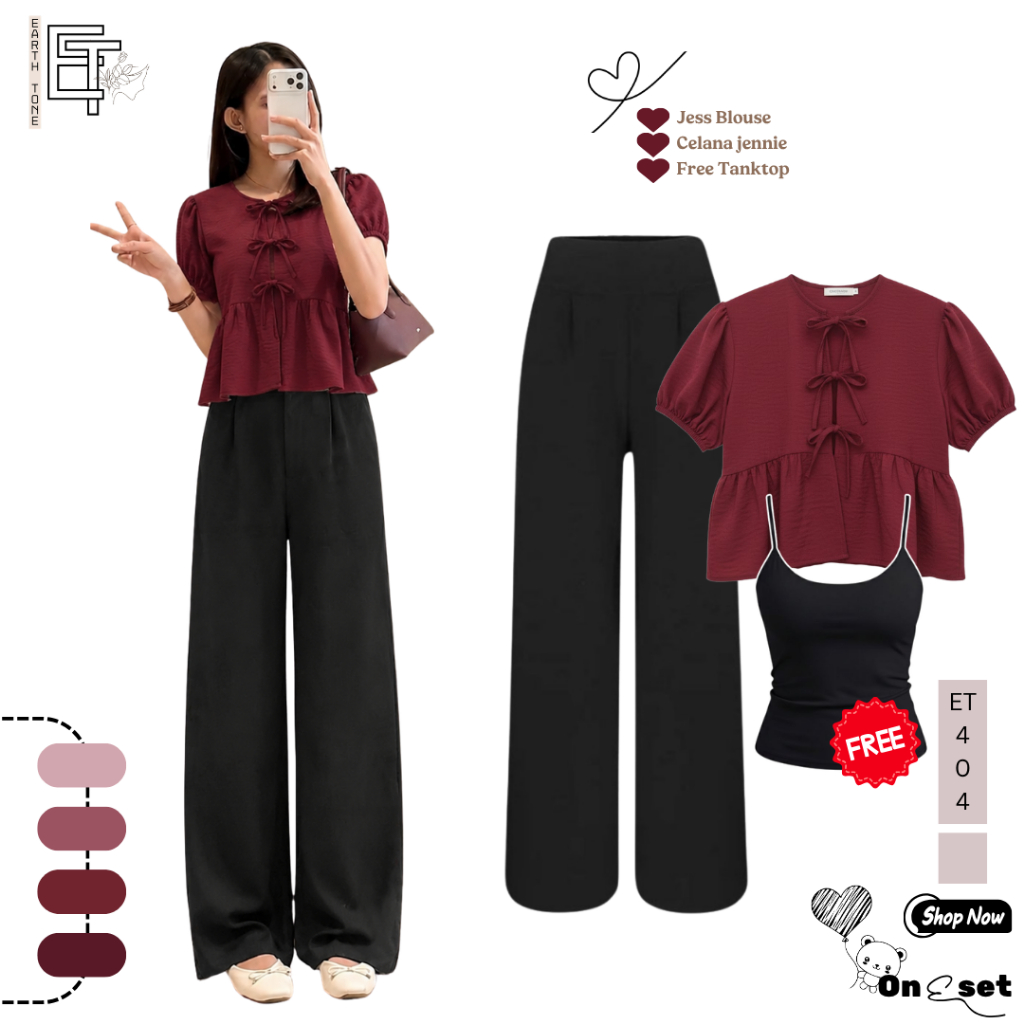 Oneset Wanita Kekinian - Blouse Jess + Celana Kulot + Tanktop [ET404]