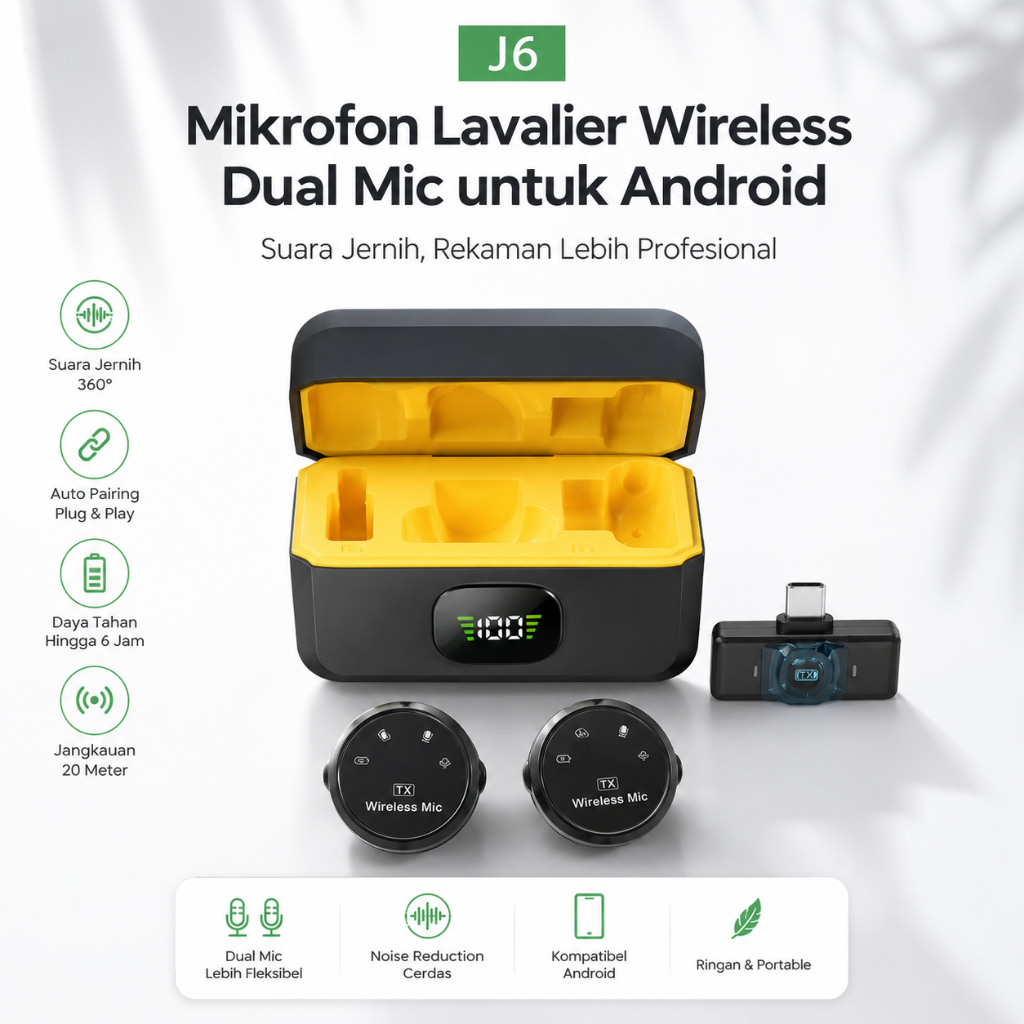 Mic Wireless J6 Dual Mikrofon Lavalier Type C Android | Plug & Play Noise Reduction untuk Content Cr