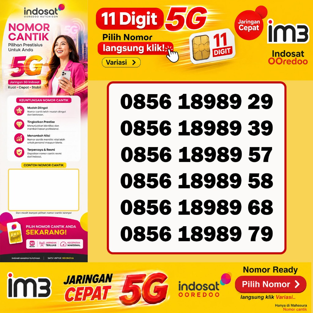 Kartu perdana Nomor cantik Indosat ooredoo 11 digit 5G Murah 8989