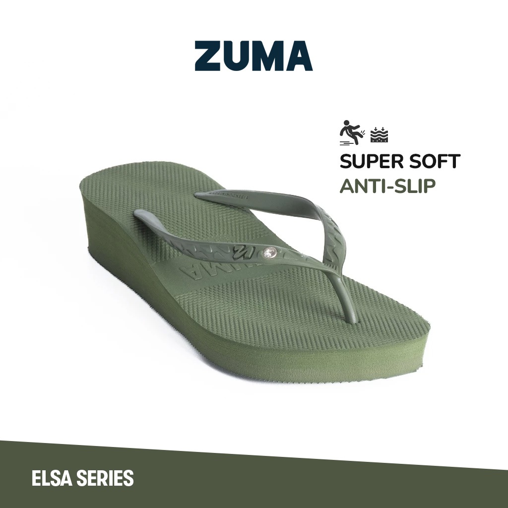 Zuma Women Tiffany 12 Olive Sandal Jepit Wanita Wedges Karet Polos Hijau Anti Slip