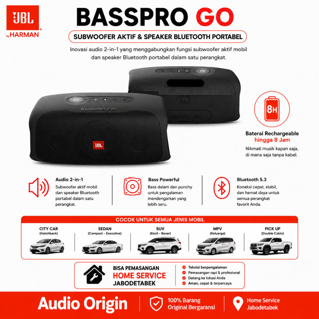 JBL BassPro Go Original – Subwoofer Aktif Mobil & Portable Bluetooth Speaker 2-in-1