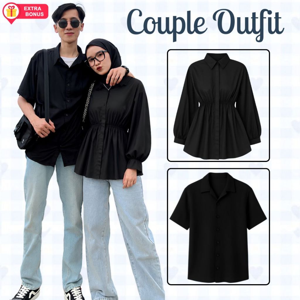 OneSet Couple Kemeja Serut Celana Jeans High Waist Hijab Segi Empat Wanita Kemeja Lengan Pendek Polo
