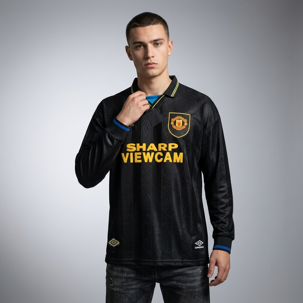 Jersey Retro LongSleeve Mnchstr Untd Away kungfu 1993 1994 Long Sleeve LS Lengan Panjang Sharp vewca