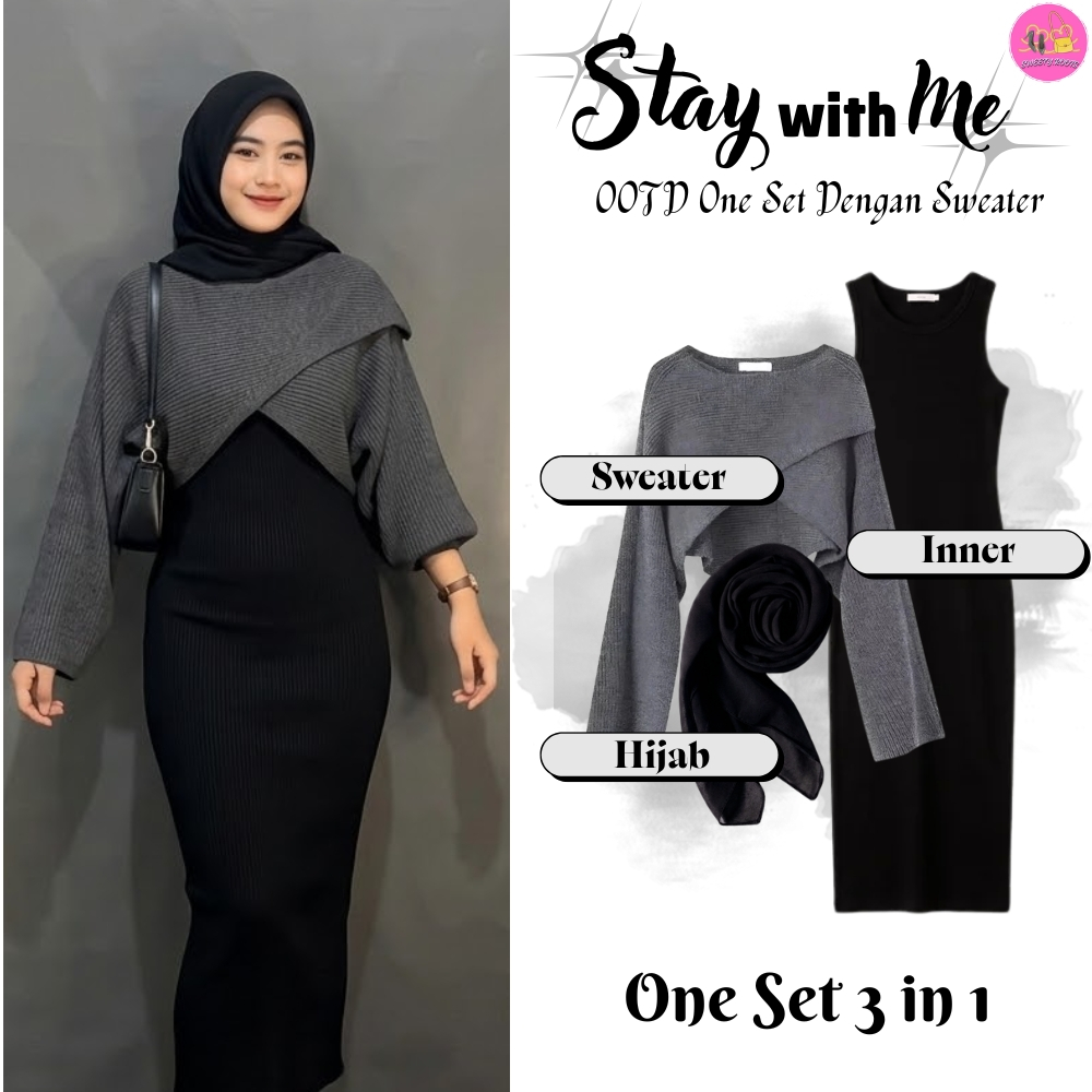 Set 3 in 1 Sweater Shea Rajut Cewek Oversize Outfit Wanita Muslim Simple Elegan & Modish (Sweater + 
