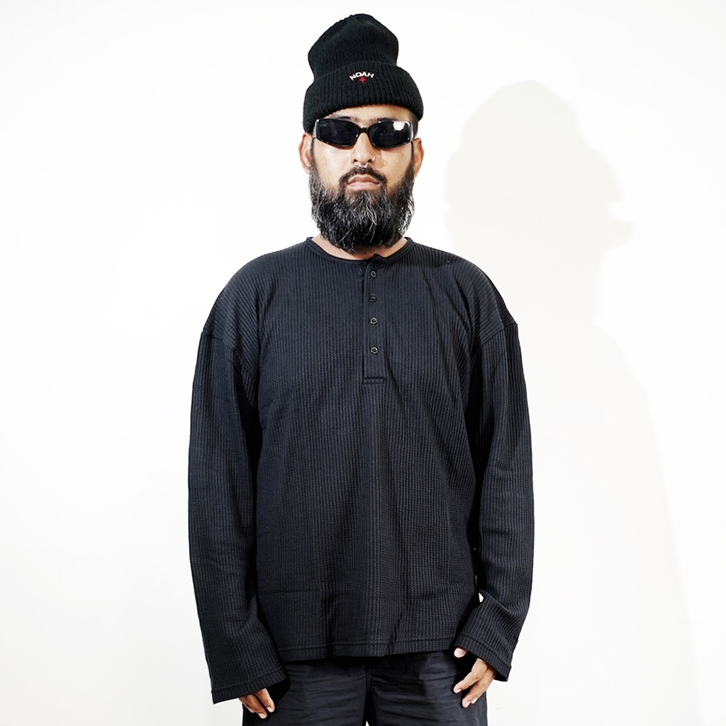 Unknown Services Henley Long Sleeve Boxy Tshirt Waffle Coolbrezee 20s Hitam