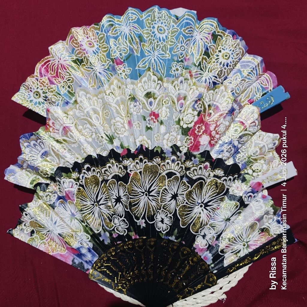 KIPAS LIPAT SATIN RENDA TILE HITAM PUTIH WARNA MOTIF BUNGA