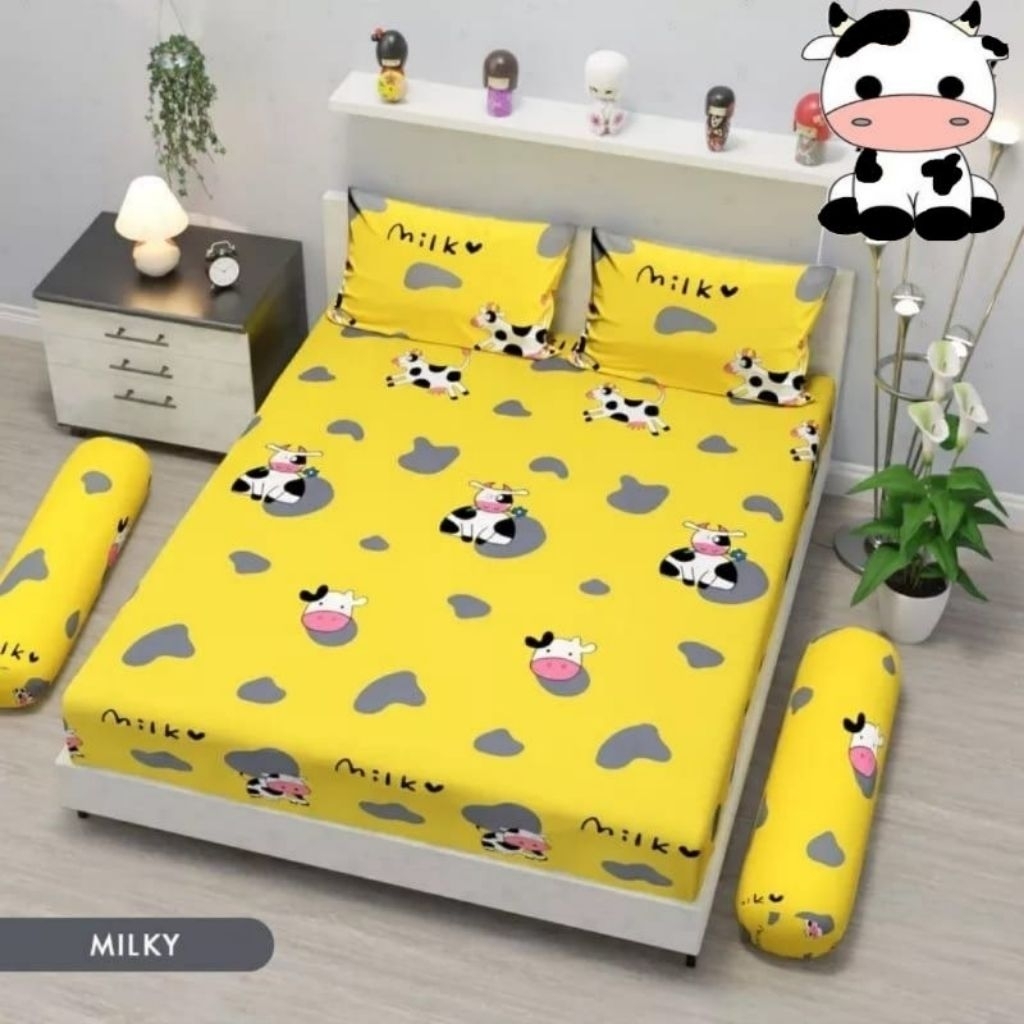 SPREI KARET KATUN PREMIUM 90/100/120/140/160/180/200 Motif Sapi cow yellow kuning