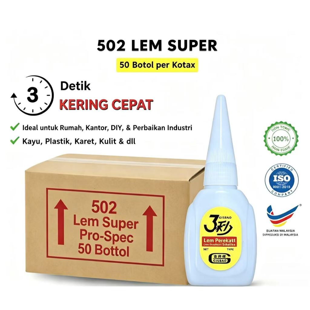 Lem Super GISBAO 3 Detik Cepat Kering 15gr Per Botol, 50 Botol Per Kotak Lem 502 Serbaguna Untuk Kay