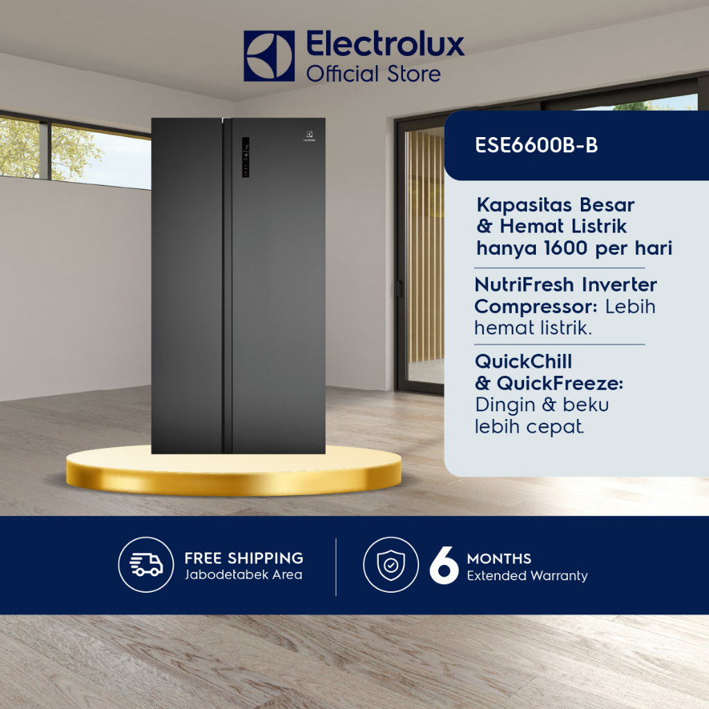 Kulkas Side by Side Electrolux ESE6600B-B, Kapasitas 624L, Hitam, Inverter NutriFresh
