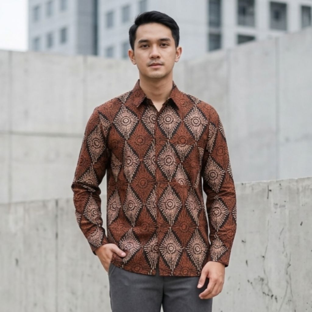 Batik Pria Lengan Panjang Cokelat Mahogani Bahan Katun Reguler - Baju Seragam Batik Cowok Pesta Dan 