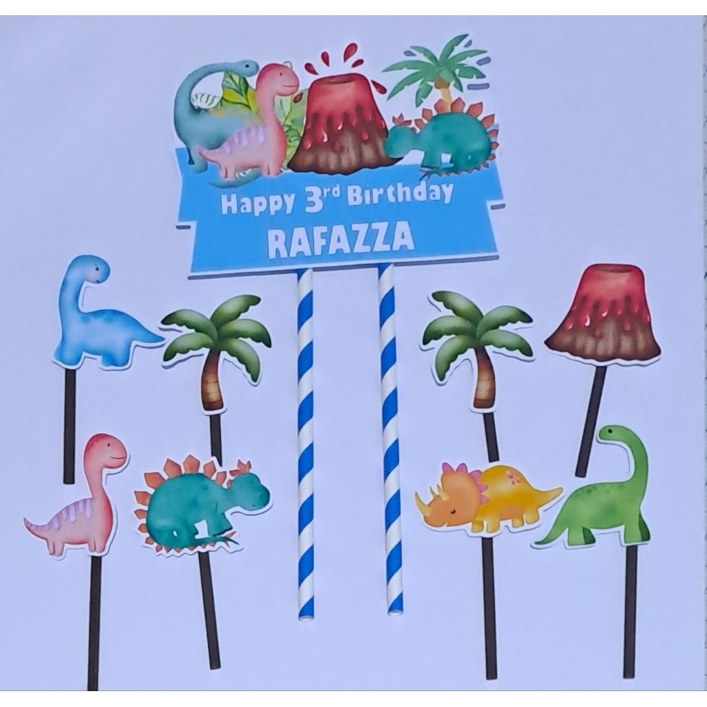 TOPPER CAKE GAMBAR DINOSAURUS DINO WATERCOLOR BISA CUSTOM NAMA