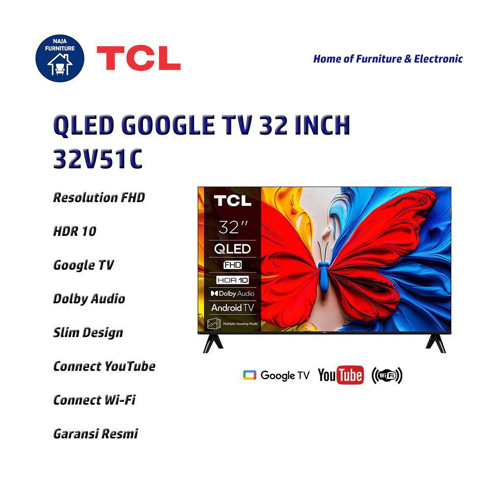 TCL QLED 32 Inch Google TV 32V51C | TCL 32 Inch Google TV | QLED TV TCL Garansi Resmi | Dolby Audio 
