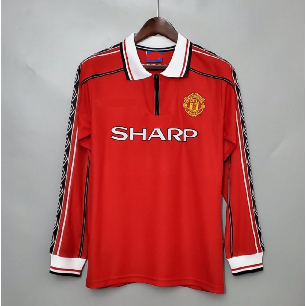 Jersey Manchester United, MU, Treble 1999, Long Sleeve, Retro, Sharp, Umbro, Vintage, Home, Away, LS