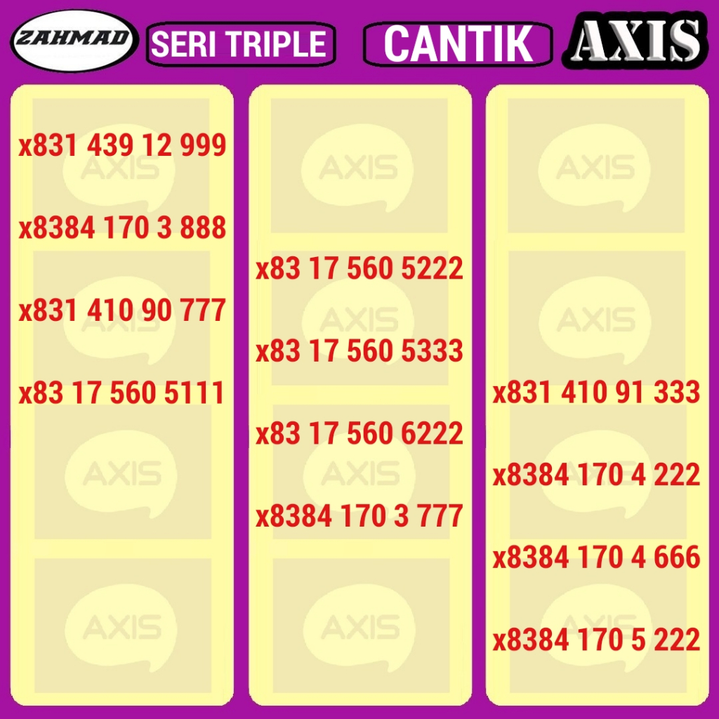 AXIS-C) NOCAN Axis Triple kartu perdana nomor cantik 777 888 999 rapi murah
