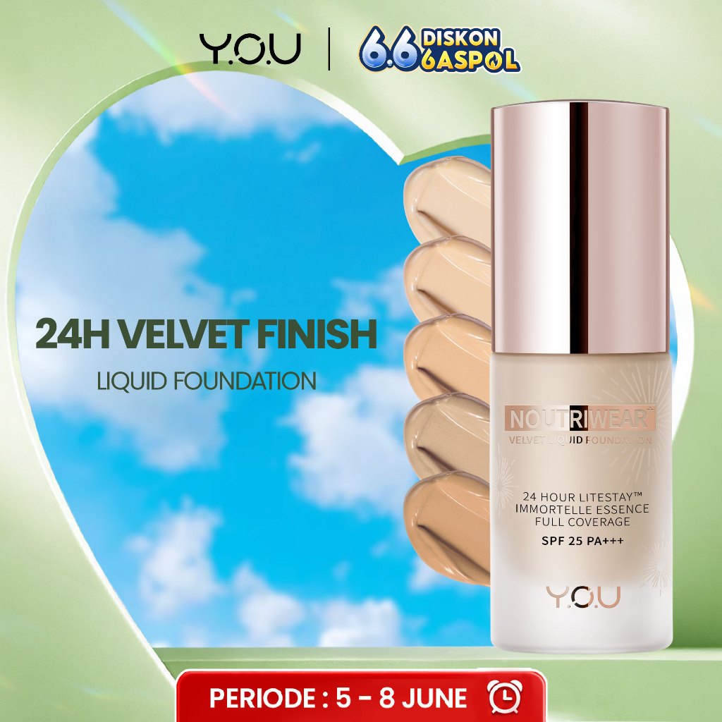 YOU 24H NoutriWear+ Velvet Liquid Foundation SPF Alas Bedak Perawatan Wajah Tahan Lama 24 Jam Full C