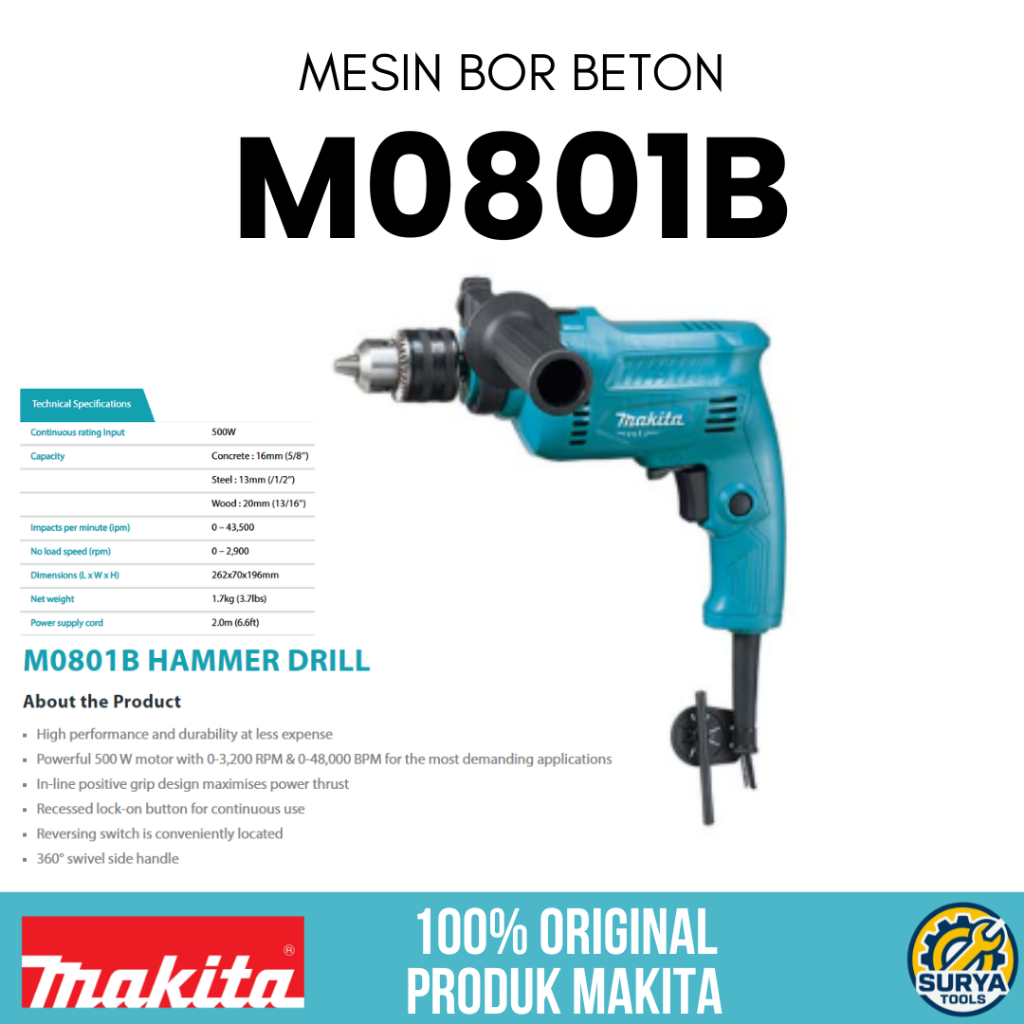 MAKITA M0801B / MESIN BOR LISTRIK MAKITA 16MM / BOR HAMMER DRILL ORIGINAL MAKITA