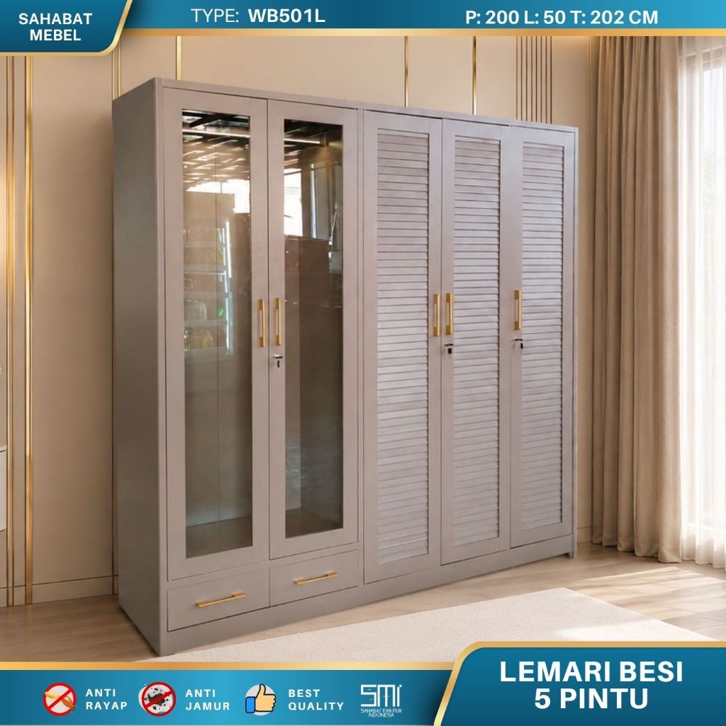 Lemari Pakaian Besi 5 dan 6 Pintu LED ASENCIO – Lemari Baju Besi 2 Meter Swing Door