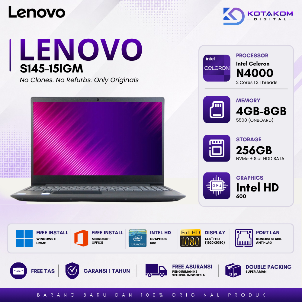 Lenovo S145-15IGM Intel N4000 | Ram 8GB | 256GB SSD + Slot HDD | Layar 15" | Black | BONUS TAS | LAP