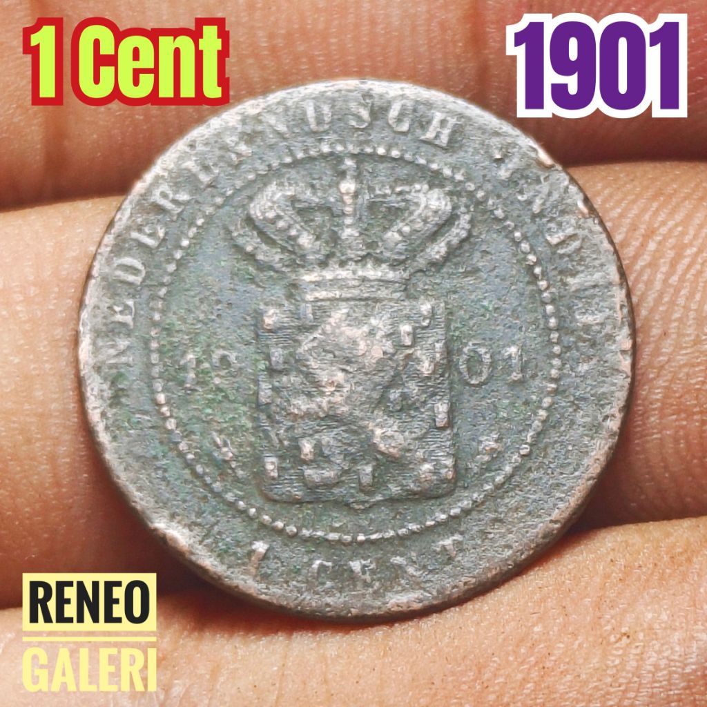 Koin 1 Cent tahun 1901 asli korosi Nederlandsch indie uang kuno zaman Hindia Belanda duit logam lama