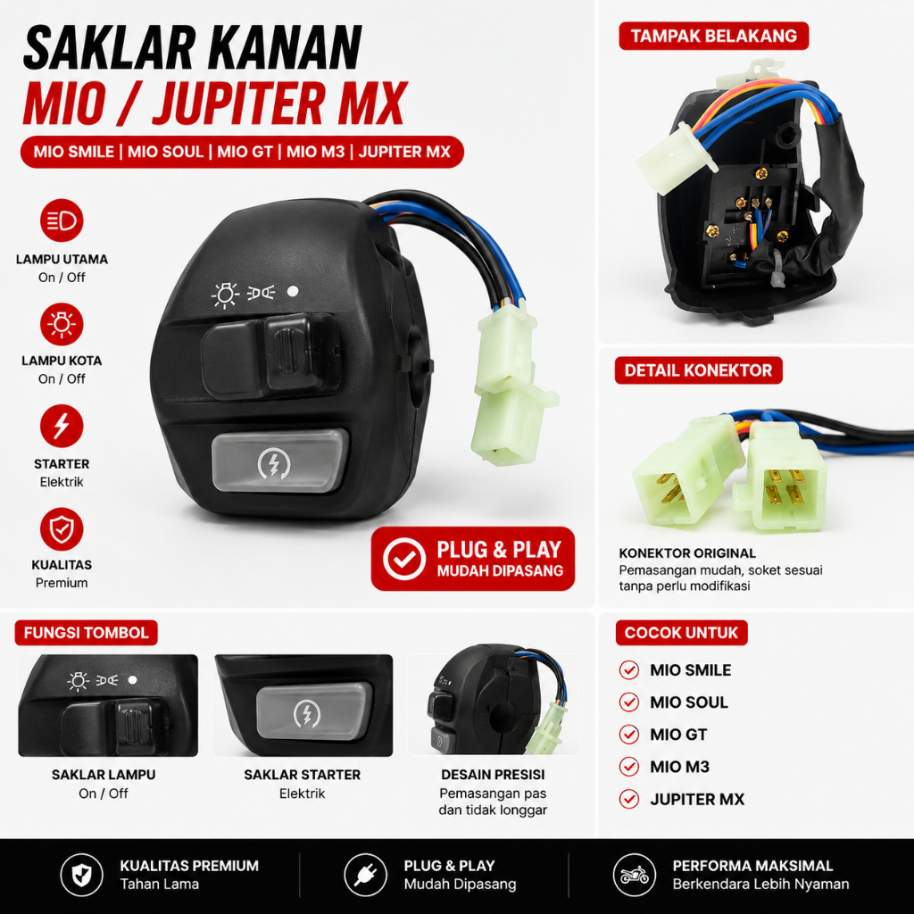 Saklar Kanan Mio Smile Mio Soul Mio GT Mio M3 Jupiter MX Saklar Lampu Starter Elektrik