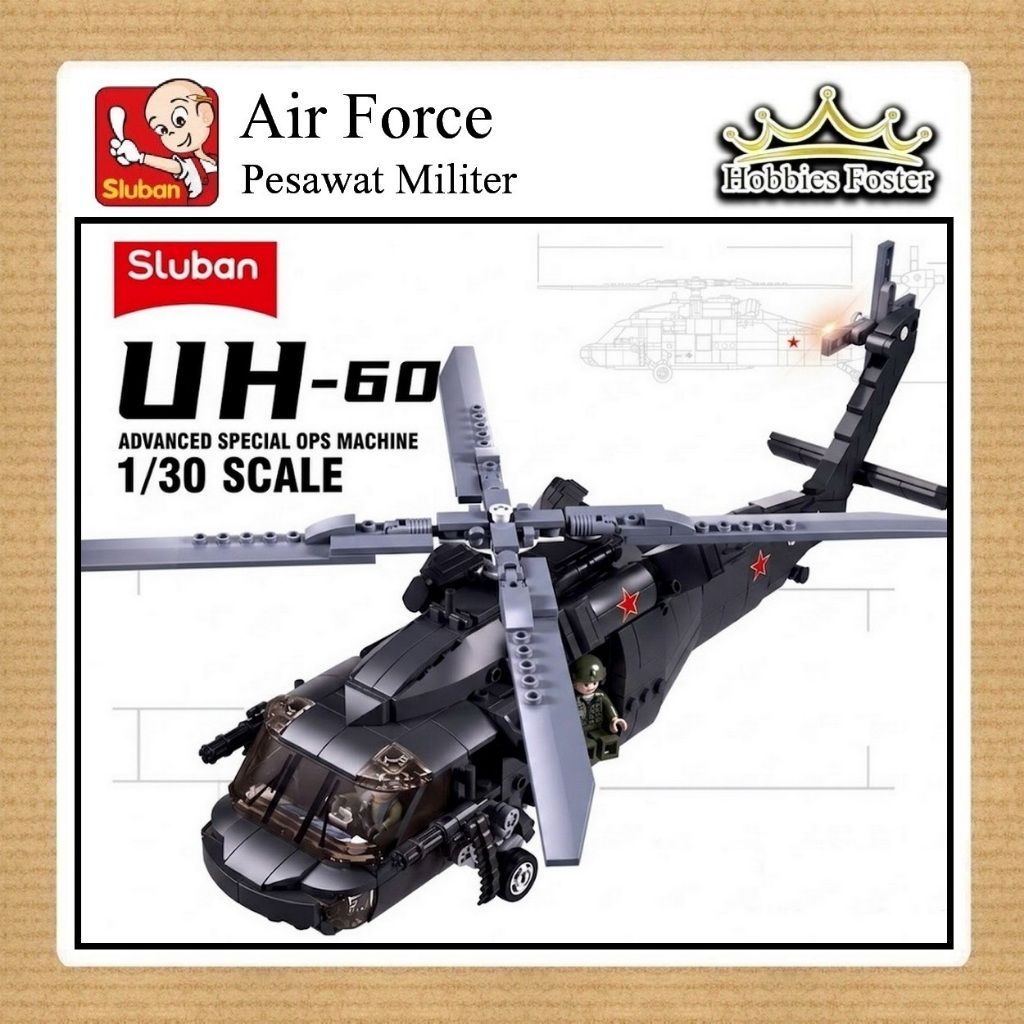 BRF Sluban 1012 - Air Force Military Helicopter UH60 Black Hawk - Mainan Pesawat Helikopter MOC DIY