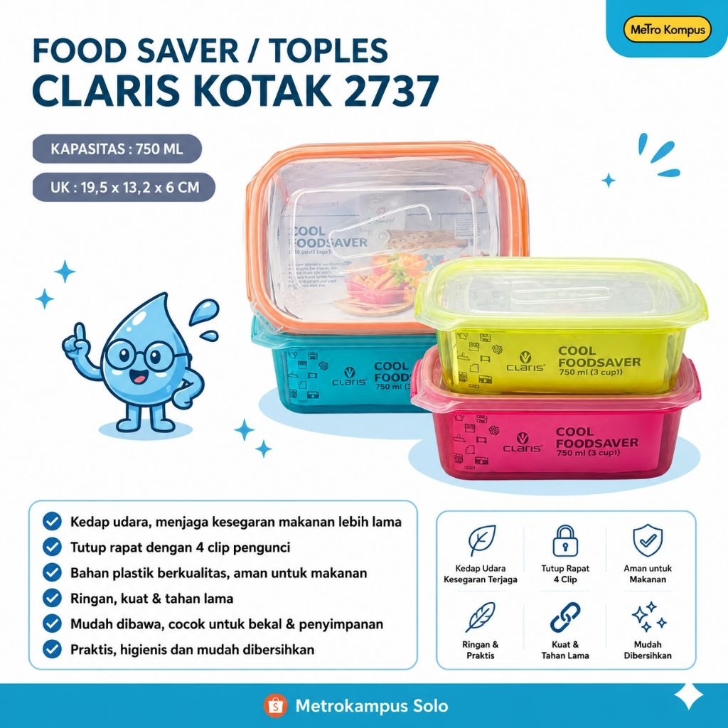 [Random] Toples Foodsaver Claris Kotak 2737 | Toples Kotak Tempat Sayur - Wadah Bekal 770ML