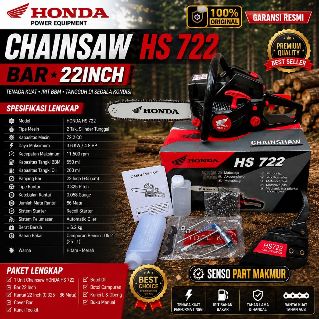MESIN CHAINSAW SENSO GERGAJI MESIN HONDA HS722 BAR 22INCH FULLSET LENGKAP
