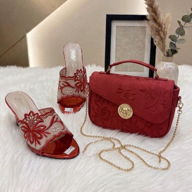 Paket hemat satu set sandal dan tas pesta wanita kondangan pernikahan sandal penganti