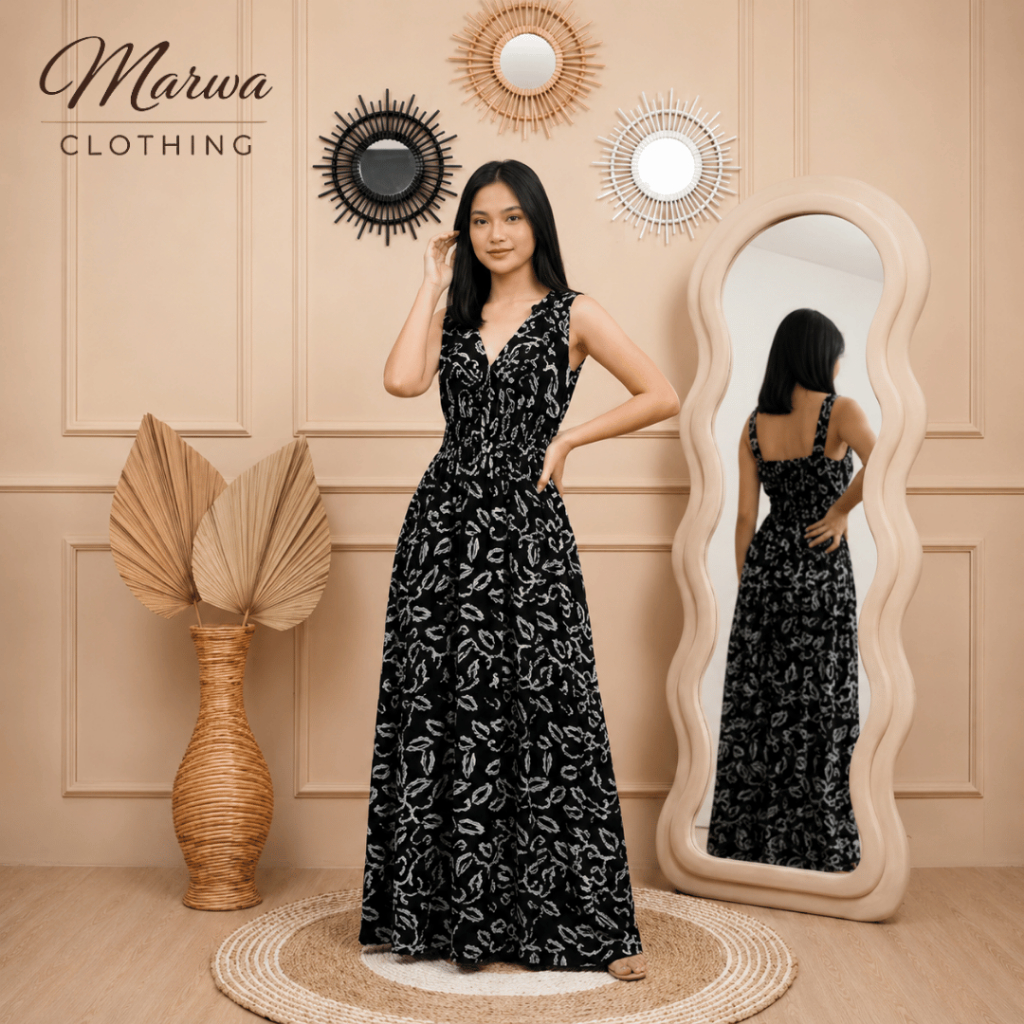 Sasmaya - Dress Cangklong Bali Lengan Pendek V Neck Premium Rayon Daster Adem Motif Kekinian Hitam