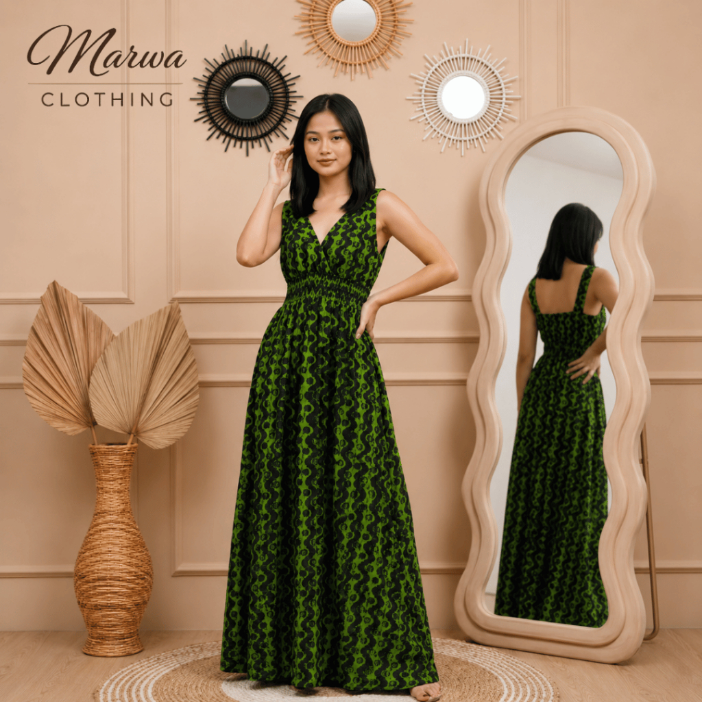 Sasmaya - Dress Cangklong Bali Lengan Pendek V Neck Premium Rayon Daster Adem Motif Kekinian Hijau H