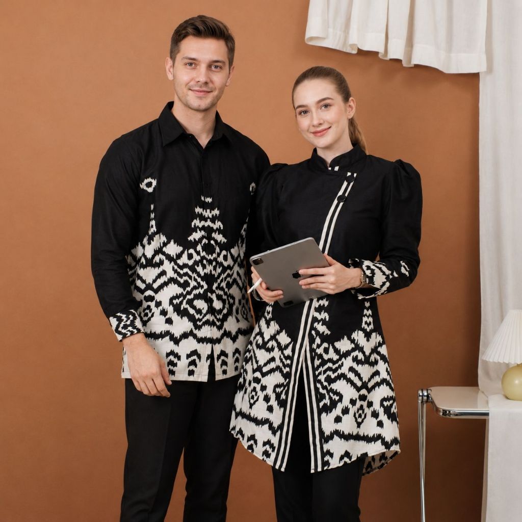KINAN Tunik Couple Modern Set Pakaian Pasangan Kemeja Batik Pria Baju Sarimbit Kerja