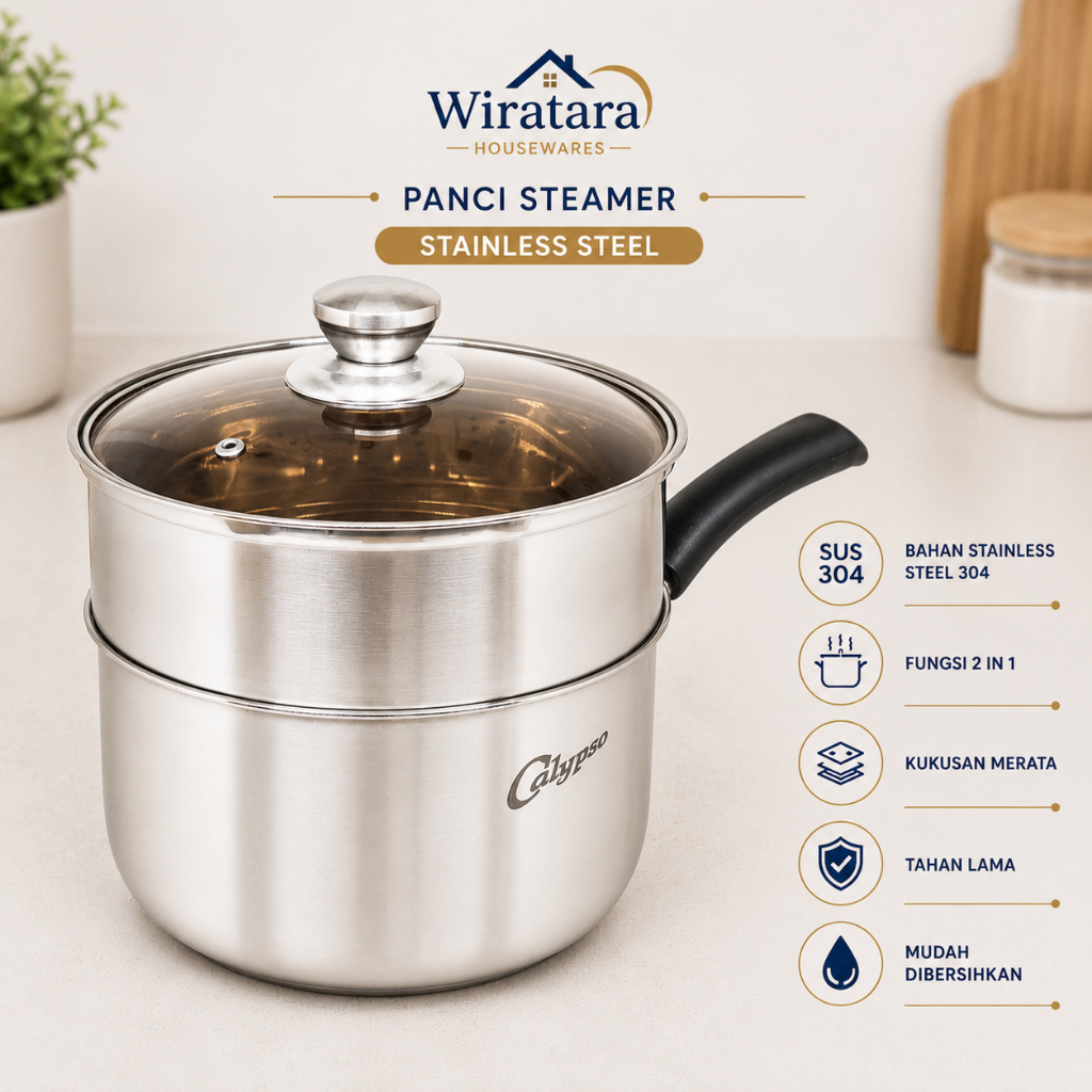 Calypso Panci + Kukusan Stainless | Kukus 20cm + Steamer + Tutup Stenlis Steel | Dandang