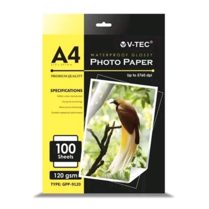 KERTAS FOTO VTEC 120 GSM ISI 100 / WATERPROOF PHOTO PAPER GLOSSY A4 VTEC