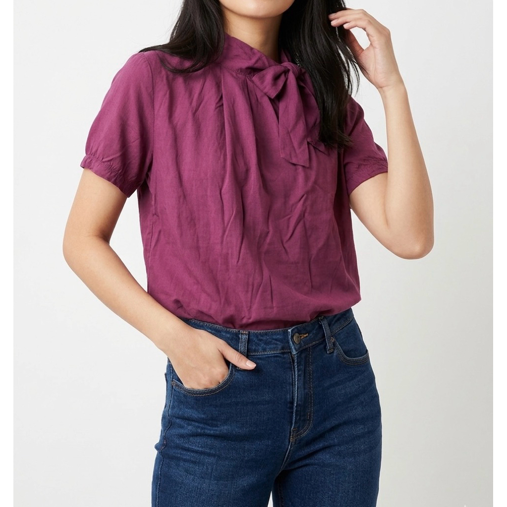 XSML Blouse Fuschia Wanita - Tie Neck Office Casual