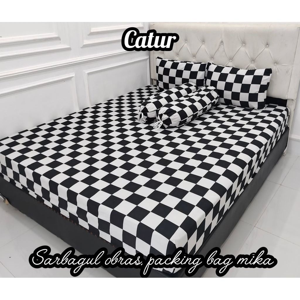 SPREI KARET KATUN PREMIUM 90/100/120/140/160/180/200 Motif Minimalis Hitam putih catur kotak kotak p
