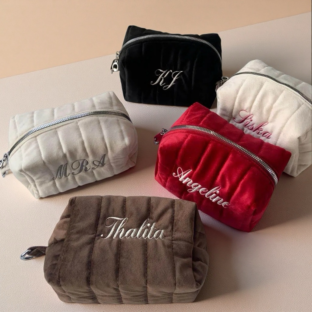 OWNIT - Velvet Puffy Pouch Custom Nama (Make Up, Gift / Hampers Bridesmaid, Skincare)