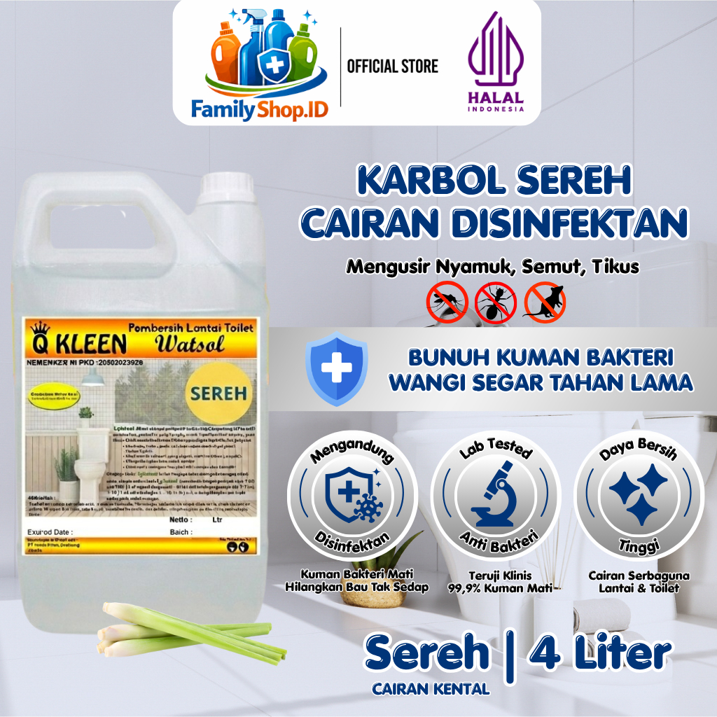Q KLEEN Karbol Sereh PREMIUM Anti Bakteri Anti Nyamuk Tikus Semut 4L Pet Friendly Cairan Disinfektan